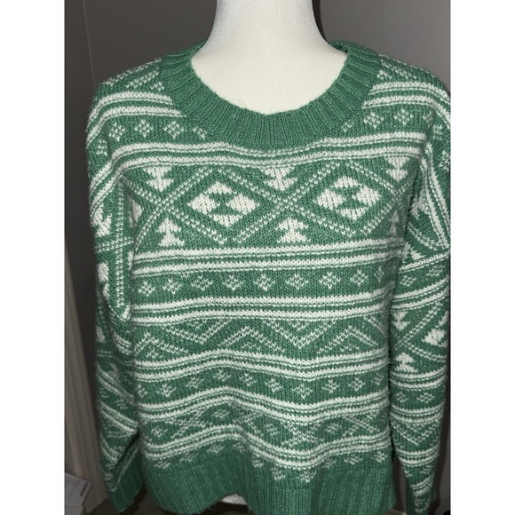 American Eagle Green Fair Isle Sweater Crewneck Snowdrift Warm Cozy Large St Pat - Picture 12 of 15